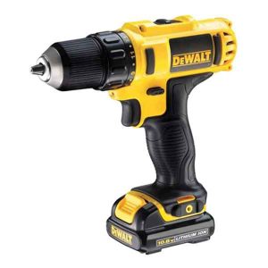 A yellow and black cordless DeWalt drill with a lithium-ion battery, ideal for working on security fencing. The drill features a textured grip and a metal chuck, ensuring precision and control for tasks like installing Clearview or Jumalu fencing.