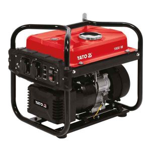 A portable generator with a red and black design, it features a handle frame for easy carrying, a silver fuel cap on top, and control panels on the side. The brand name and 1800 W stand out clearly against the backdrop like a clear view fence.