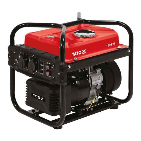 A portable generator with a red and black design, it features a handle frame for easy carrying, a silver fuel cap on top, and control panels on the side. The brand name and 1800 W stand out clearly against the backdrop like a clear view fence.