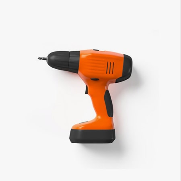 An orange and black cordless drill with a compact design, viewed from the side, showcases its manufacturer’s expertise against a pristine white background.