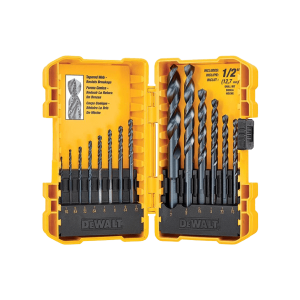 A yellow DeWalt drill bit set case is open, revealing an array of black drill bits neatly organized in two rows, ideal for tackling tasks like installing a Jumalu fencing system. A labeled chart details the sizes, with the largest being 1/2 inch.