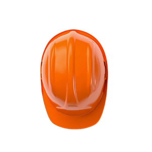 Top view of an orange construction hard hat with a glossy finish from a renowned manufacturer, featuring two distinct ridges running along the top.
