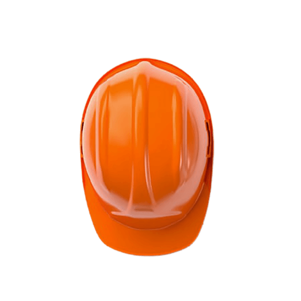 Top view of an orange construction hard hat with a glossy finish from a renowned manufacturer, featuring two distinct ridges running along the top.