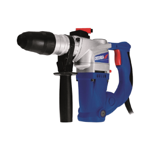 A blue and silver electric hammer drill with a side handle and power cord. It features a prominent black drill bit holder, red accents, and the manufacturers name clearly visible on the side, making it an ideal choice for both Jumalu fencing projects and everyday tasks.