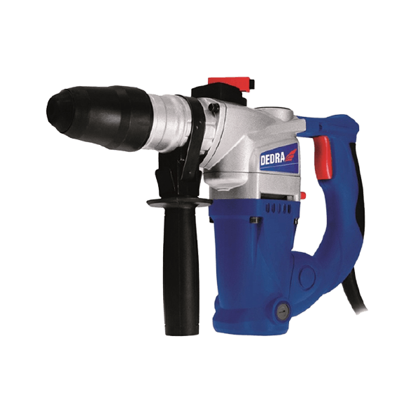 A blue and silver electric hammer drill with a side handle and power cord. It features a prominent black drill bit holder, red accents, and the manufacturers name clearly visible on the side, making it an ideal choice for both Jumalu fencing projects and everyday tasks.