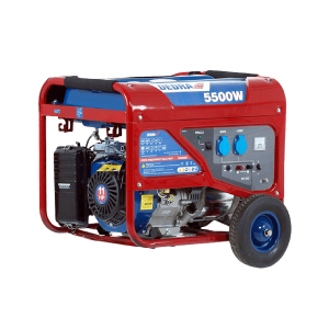 A red portable generator with a 5500-watt output, featuring a clear view for monitoring. Equipped with a handle and wheels for mobility, its side panel hosts various controls and outlets. The design includes a blue engine cover adorned with multiple warning and instruction labels.