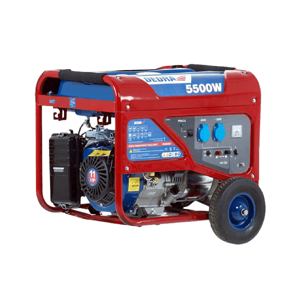 A red portable generator with a 5500-watt output, featuring a clear view for monitoring. Equipped with a handle and wheels for mobility, its side panel hosts various controls and outlets. The design includes a blue engine cover adorned with multiple warning and instruction labels.