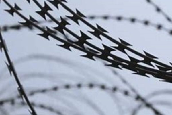 Close-up of spiraled razor wire against a light blue sky. The sharp, jagged edges of the wire form a repeating pattern, creating a sense of tension and barrier. Despite the manufacturer’s intent, the clear view through the slightly blurred wire gives the image a dynamic, layered appearance.
