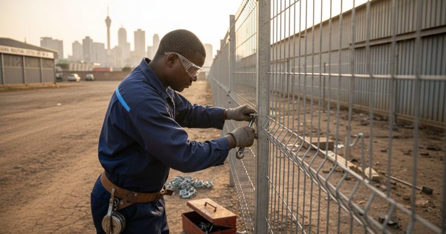 Contractor installing steel security fence South Africa