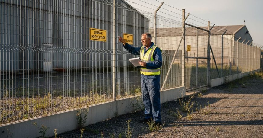 Supervisor inspecting industrial perimeter fencing