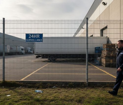 Security guard walking by anti-climb fence at warehouse