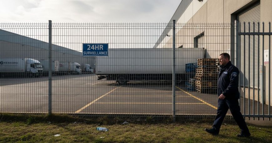 Security guard walking by anti-climb fence at warehouse