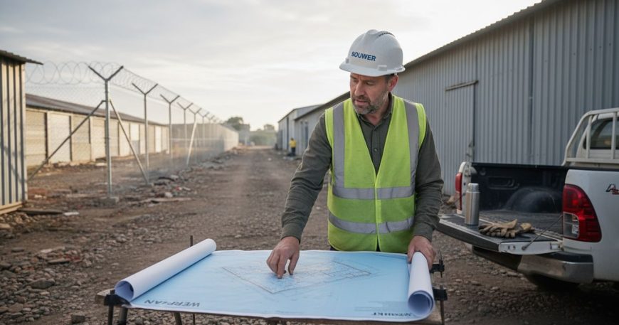 Site manager reviews fence plan at project site