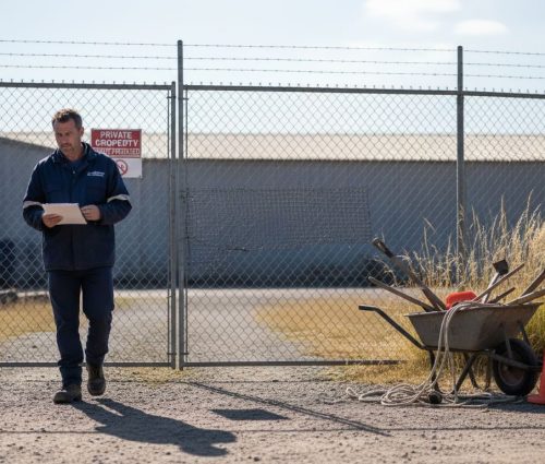 Contractor inspecting security fence perimeter