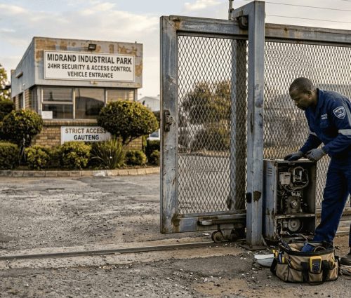 Technician beside high-security steel sliding gate