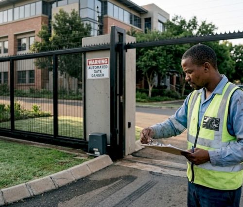 Technician checking security gate at office entrance