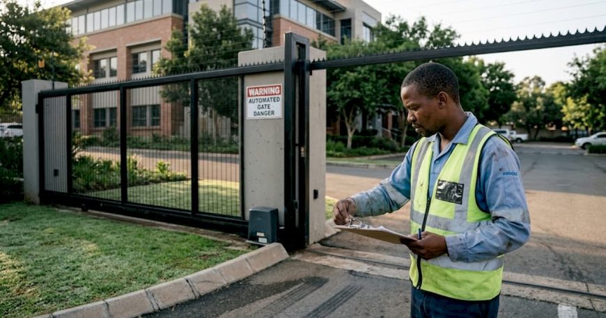 Technician checking security gate at office entrance