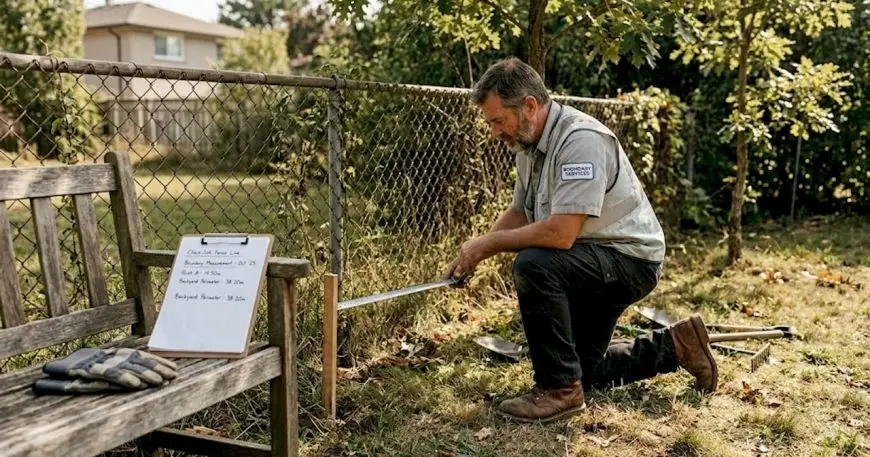 Contractor measuring boundary along backyard fence