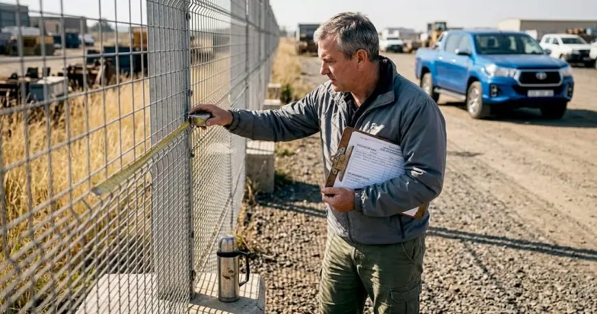 Site manager checks mesh size security fence
