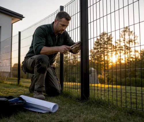 Man inspecting clear fence installation outdoors
