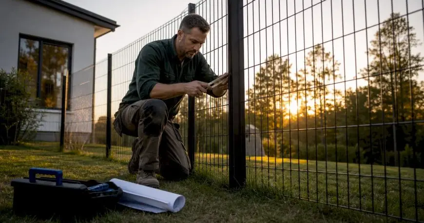 Man inspecting clear fence installation outdoors