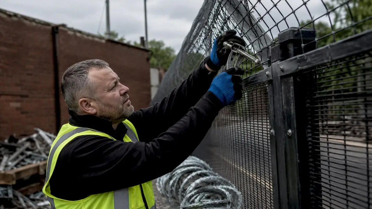 Technician installing razor wire mesh fence